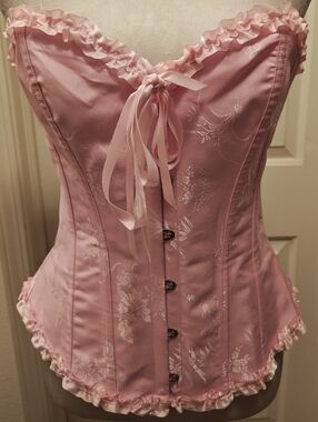 Pink Floral Jacquard Corset Top w Ruffles & Satin Lace Up.